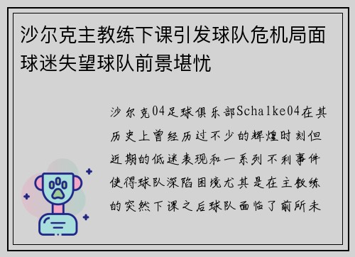 沙尔克主教练下课引发球队危机局面球迷失望球队前景堪忧