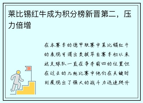 莱比锡红牛成为积分榜新晋第二，压力倍增